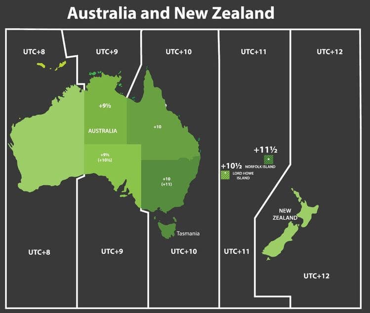 Oceania Time Zone Map - Oceanian Time Differences