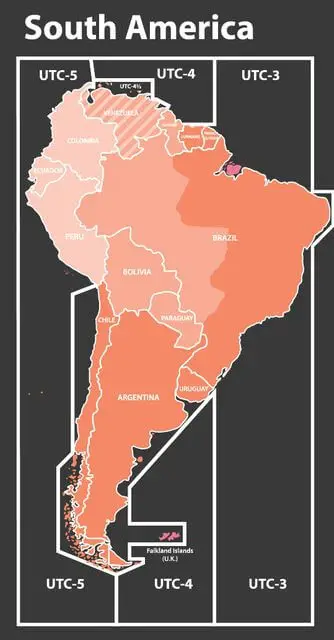 Carte des fuseaux horaires d'Amerique du sud