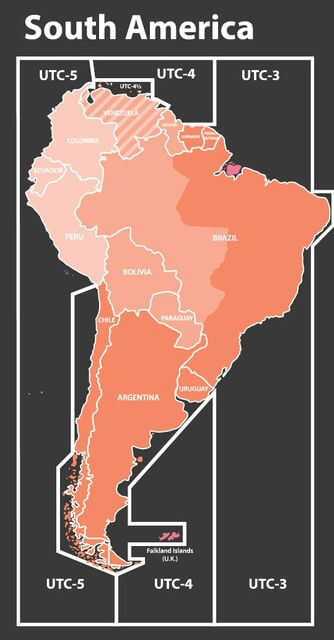 Carte des fuseaux horaires d'Amerique du sud