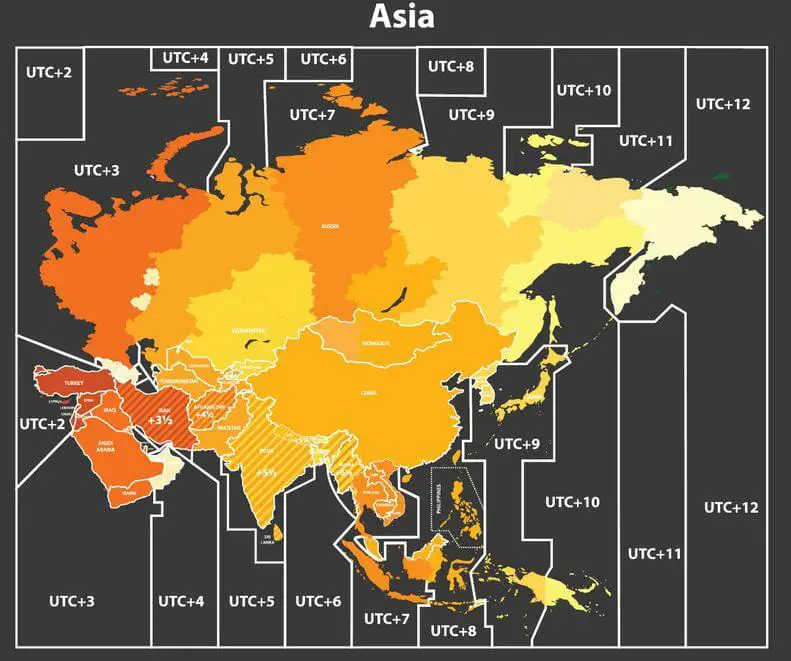 Carte des fuseaux horaires de l'asie