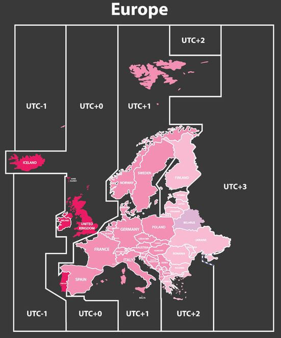 Carte des fuseaux horaires de l'europe